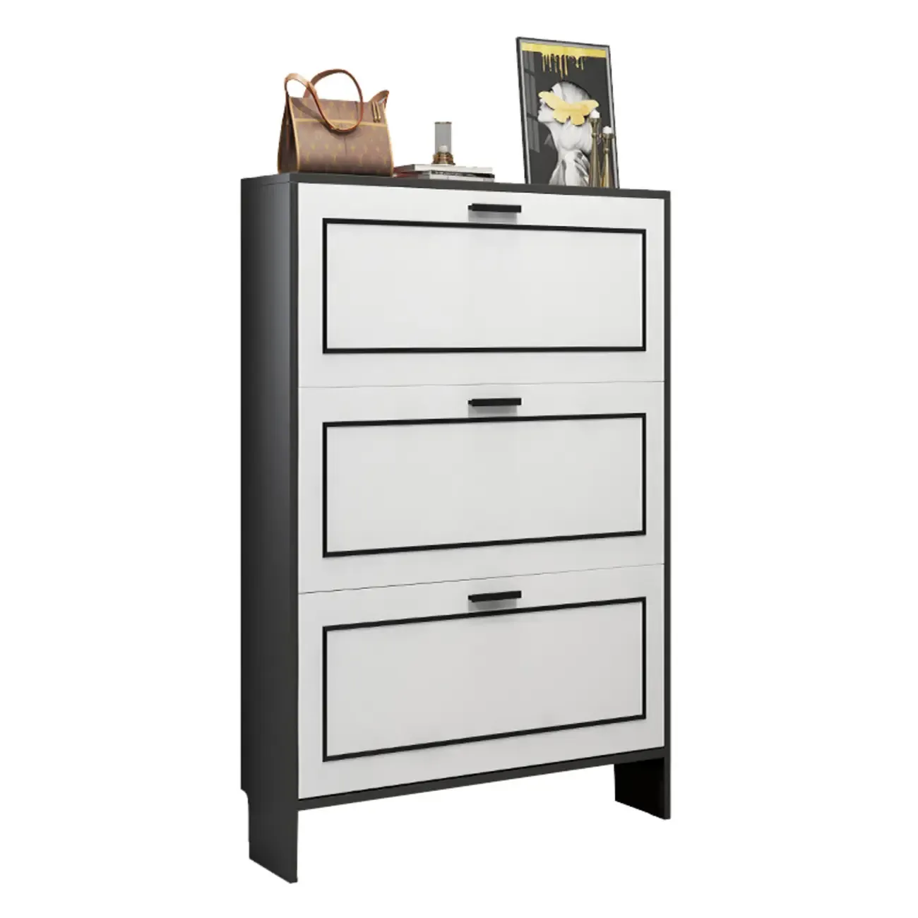 3-Tier Black Drop-Front Entryway Shoe Storage Cabinet Image - 5