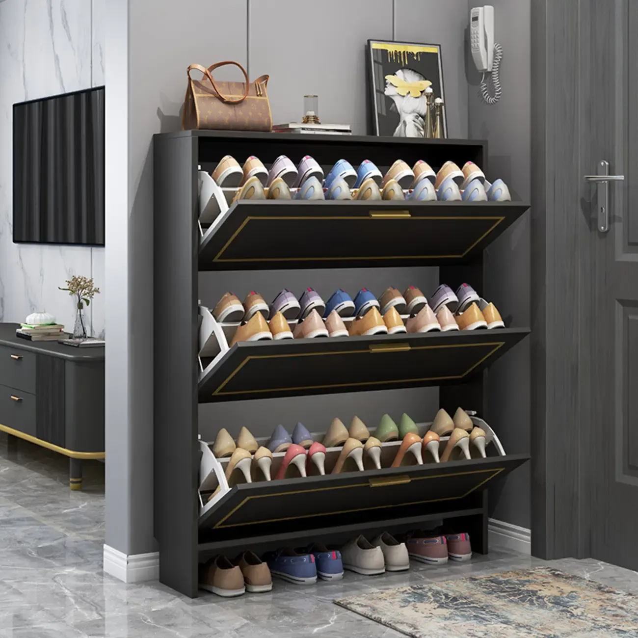 3-Tier Black Drop-Front Entryway Shoe Storage Cabinet Image - 2