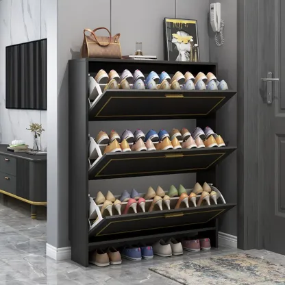 3-Tier Black Drop-Front Entryway Shoe Storage Cabinet Image - 2