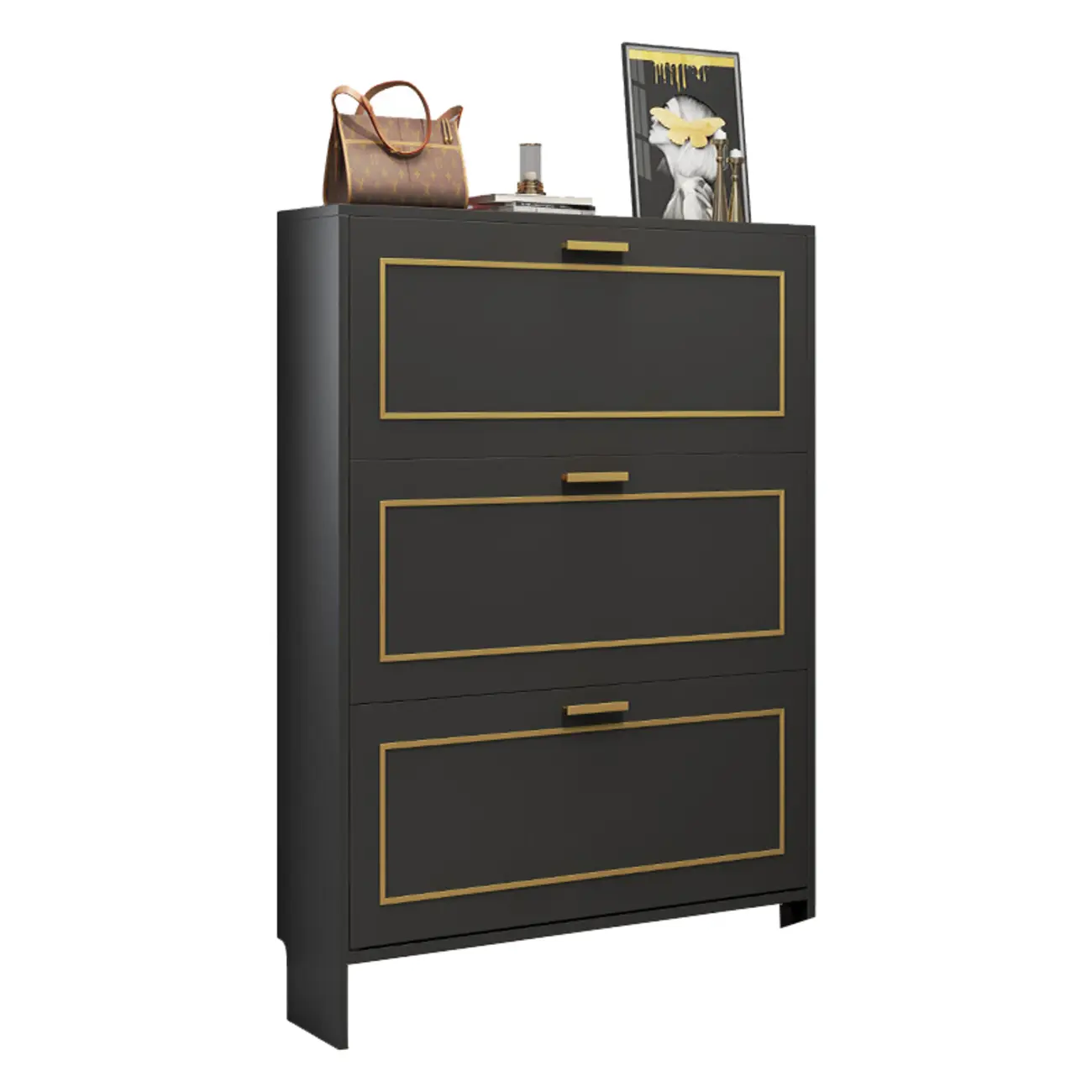 3-Tier Black Drop-Front Entryway Shoe Storage Cabinet Image - 6 | homeyfad