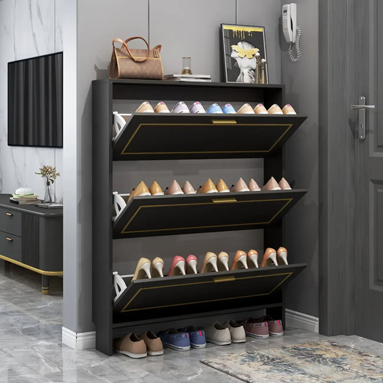 3-Tier Black Drop-Front Entryway Shoe Storage Cabinet Image - 7