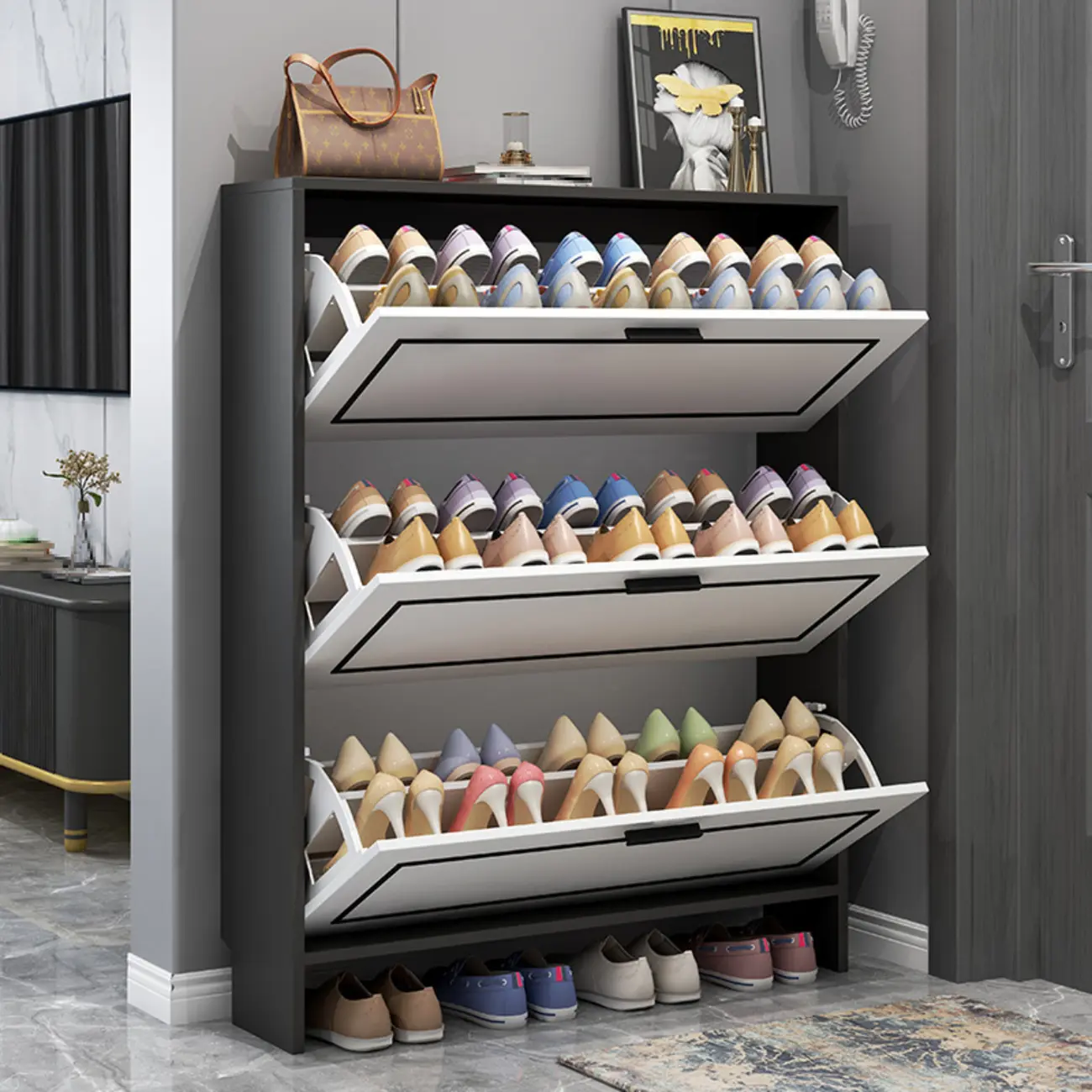3-Tier Black Drop-Front Entryway Shoe Storage Cabinet Image - 3 | homeyfad