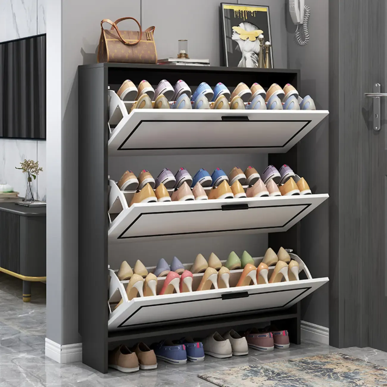 3-Tier Black Drop-Front Entryway Shoe Storage Cabinet Image - 3