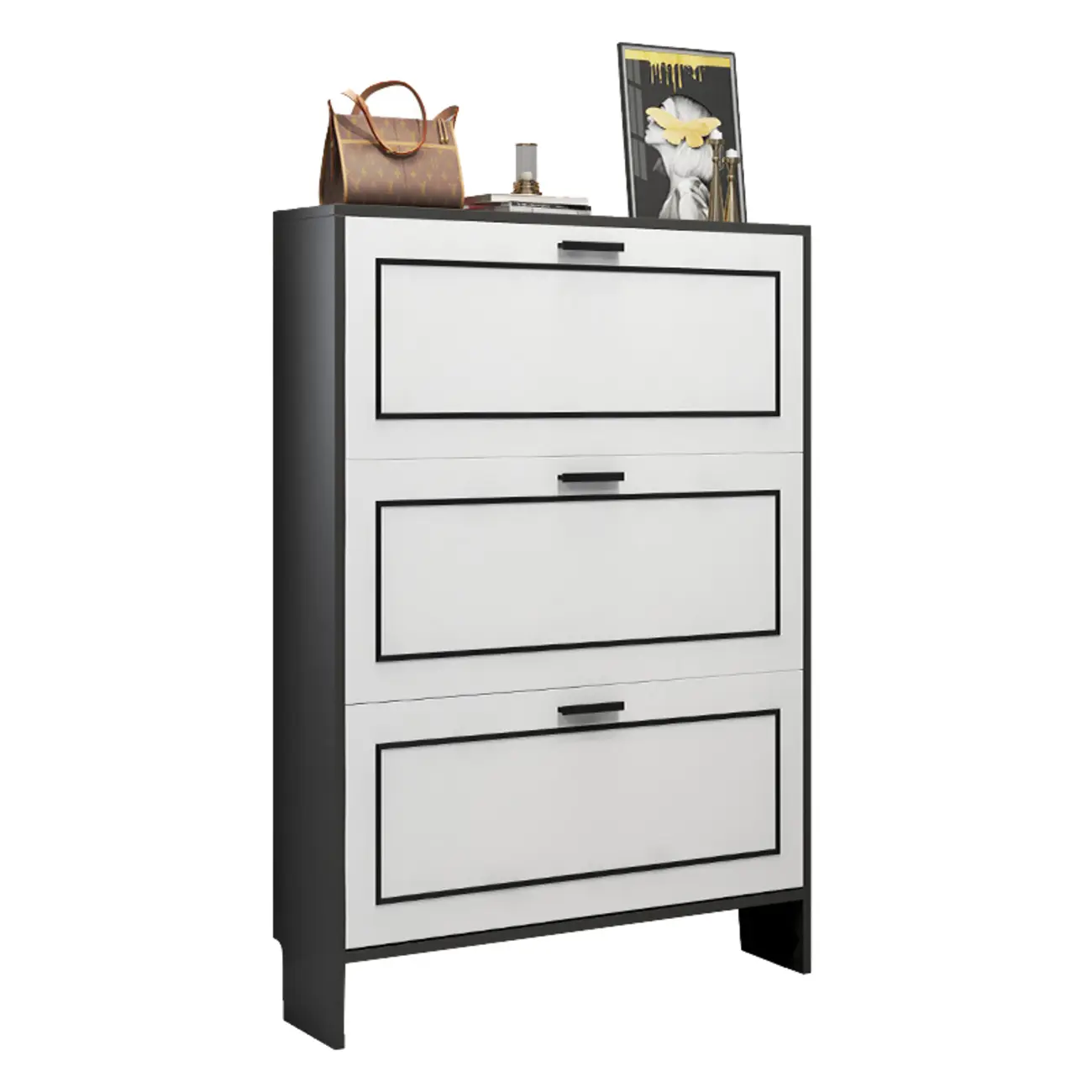 3-Tier Black Drop-Front Entryway Shoe Storage Cabinet Image - 8 | homeyfad