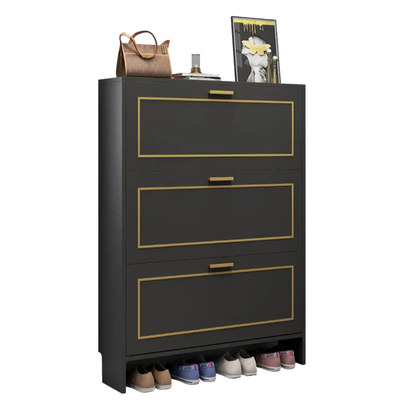 3-Tier Black Drop-Front Entryway Shoe Storage Cabinet Image - 9