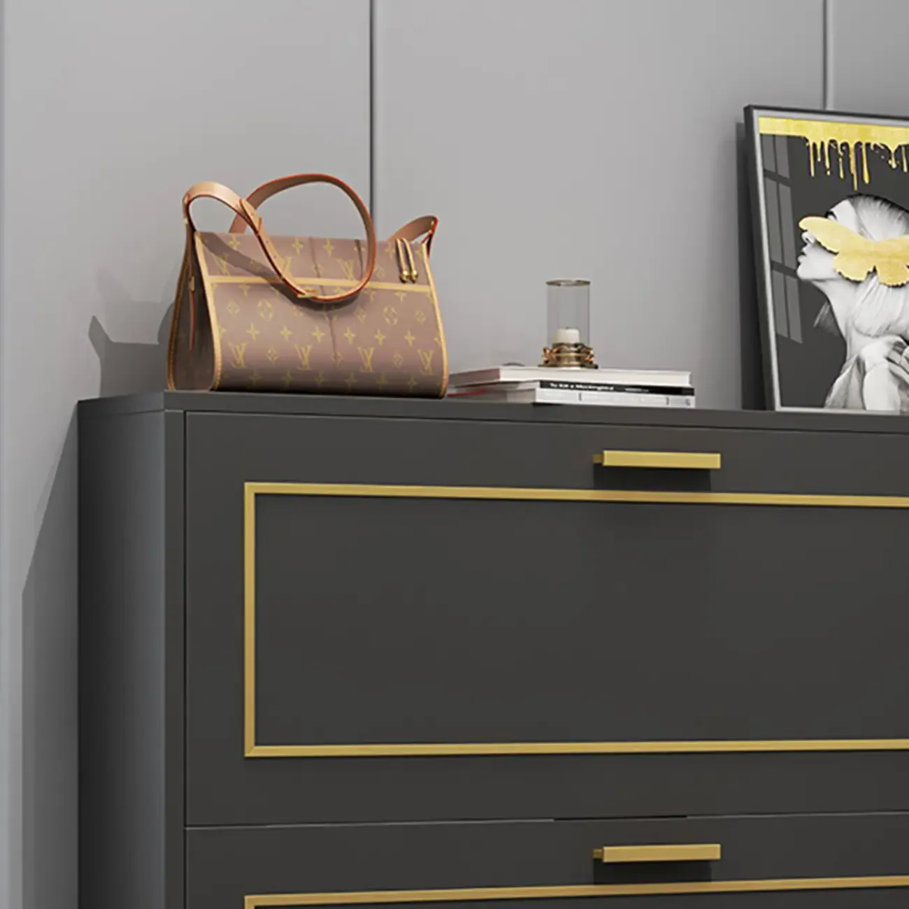 3-Tier Black Drop-Front Entryway Shoe Storage Cabinet Image - 10