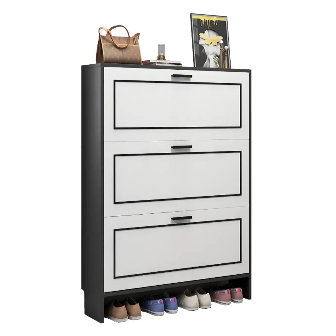 3-Tier Black Drop-Front Entryway Shoe Storage Cabinet Image - 12