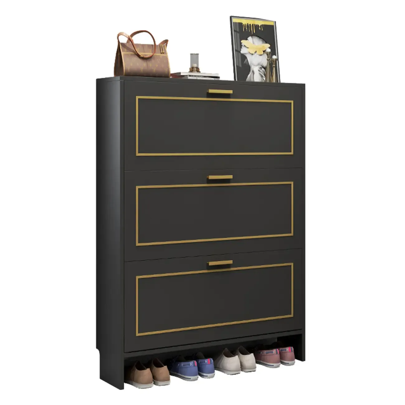 3-Tier Black Drop-Front Entryway Shoe Storage Cabinet Image - 14