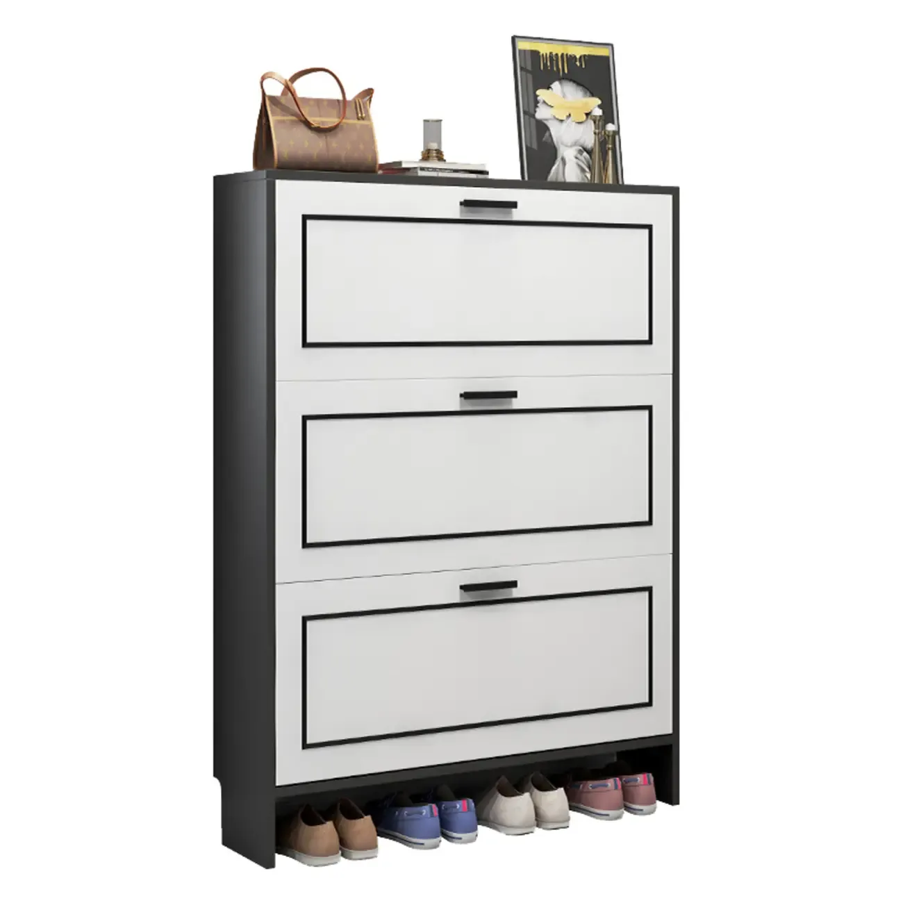3-Tier Black Drop-Front Entryway Shoe Storage Cabinet Image - 15