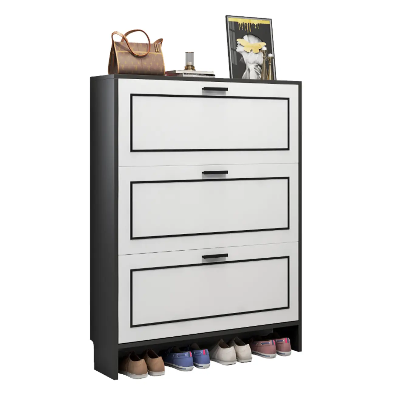 3-Tier Black Drop-Front Entryway Shoe Storage Cabinet Image - 20 | homeyfad