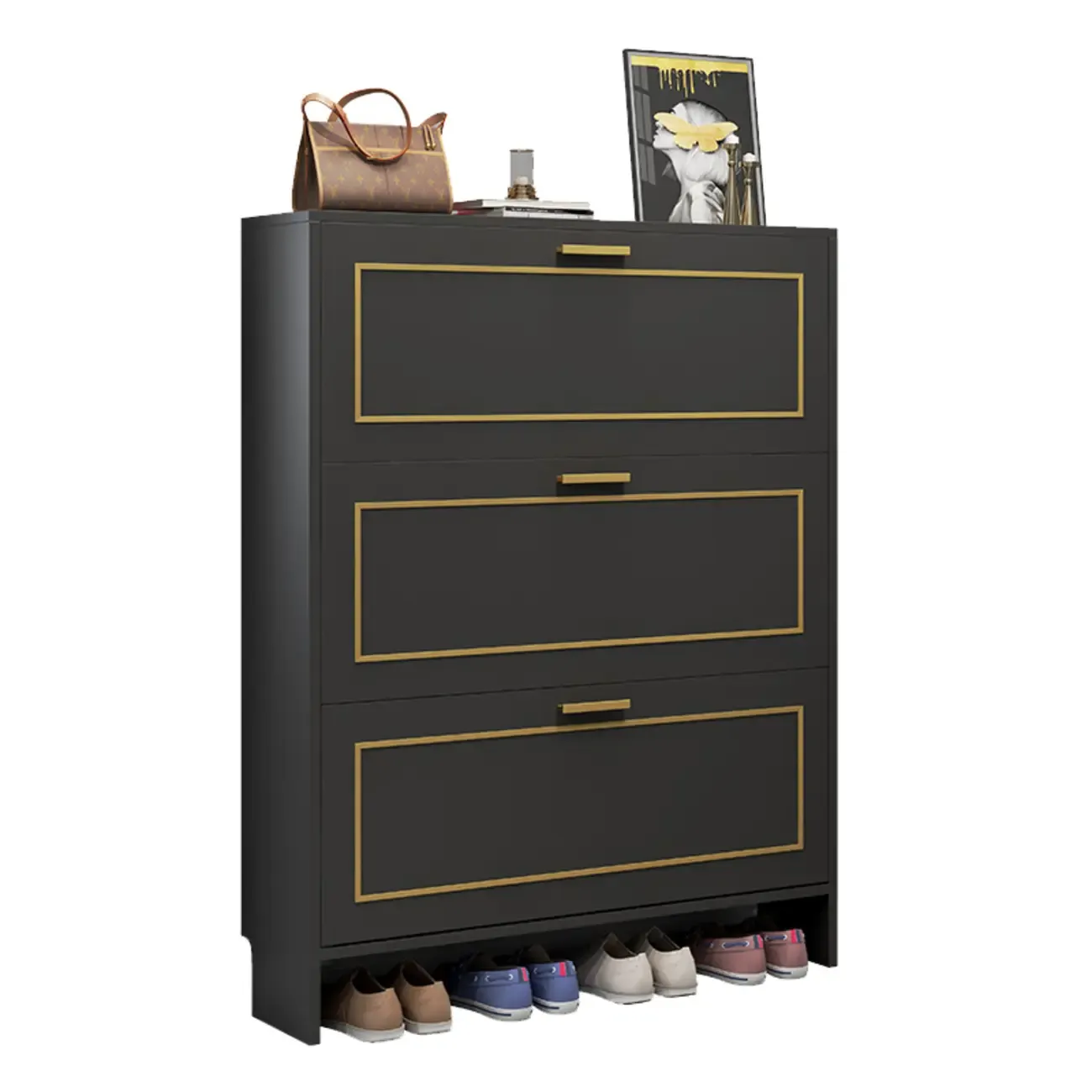 3-Tier Black Drop-Front Entryway Shoe Storage Cabinet Image - 22