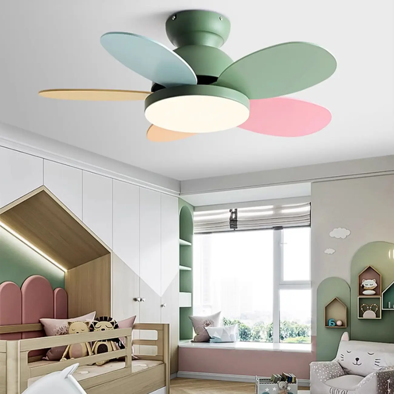 Colorful Flush Mount Ceiling Fan Remote Dimming LED for Kids Image - 1 | homeyfad