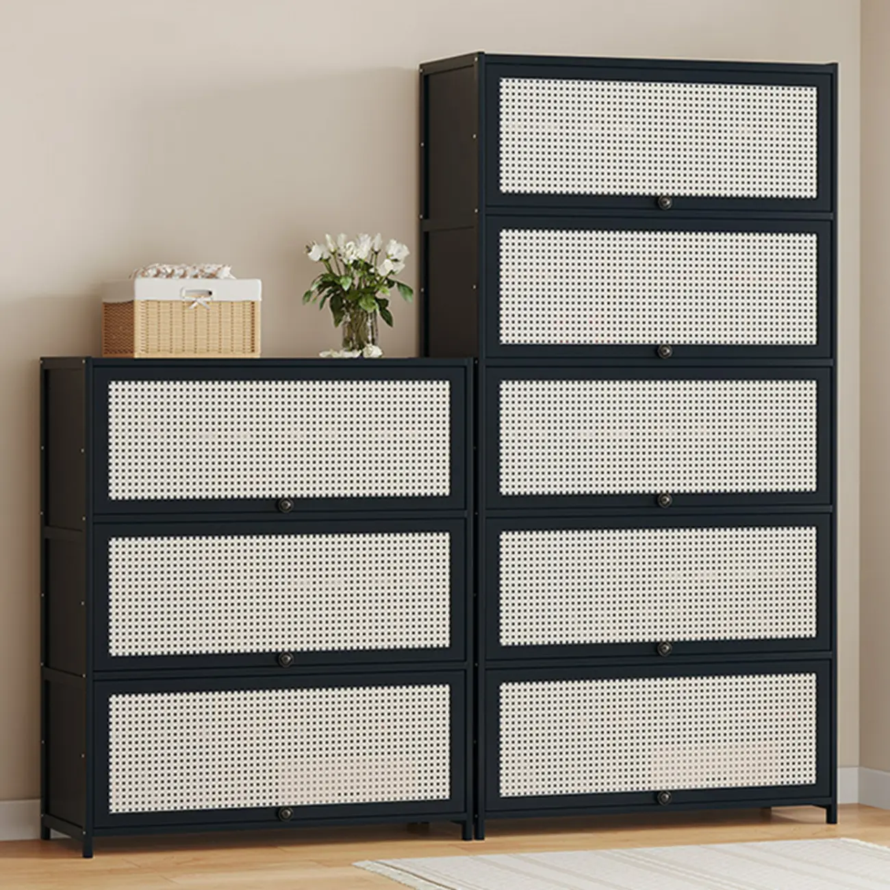 Modern Black Bamboo Shoe Cabinet with Rattan Panels Image - 1 | homeyfad