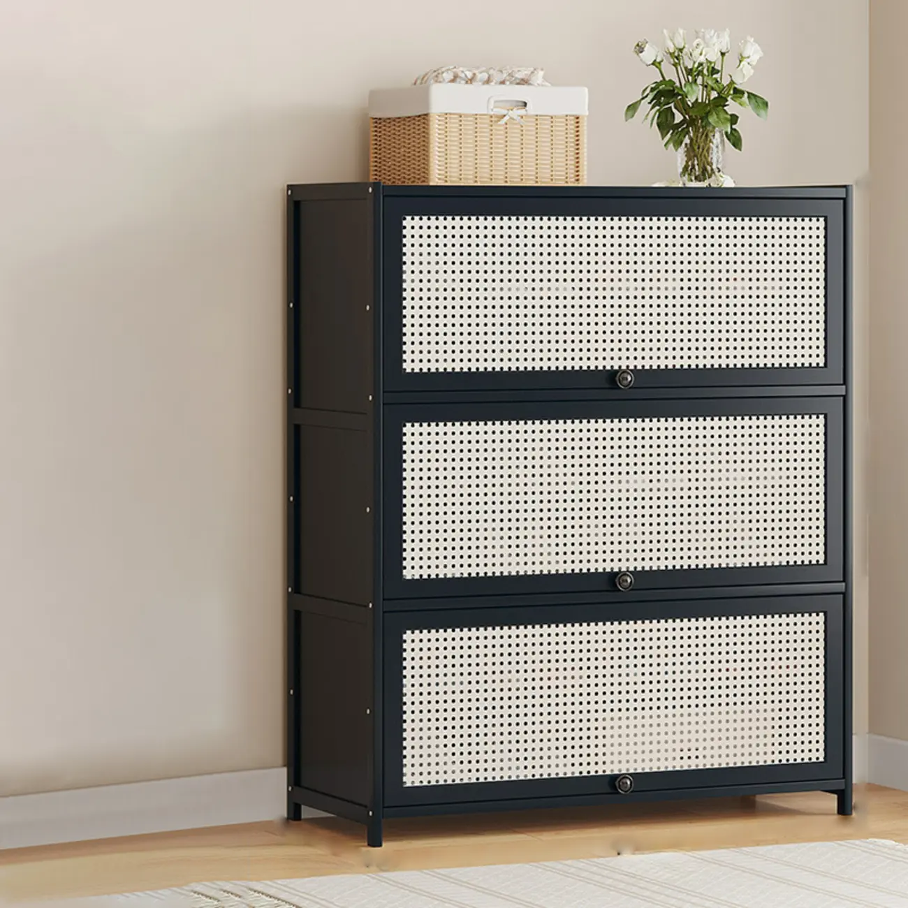 Modern Black Bamboo Shoe Cabinet with Rattan Panels Image - 3 | homeyfad