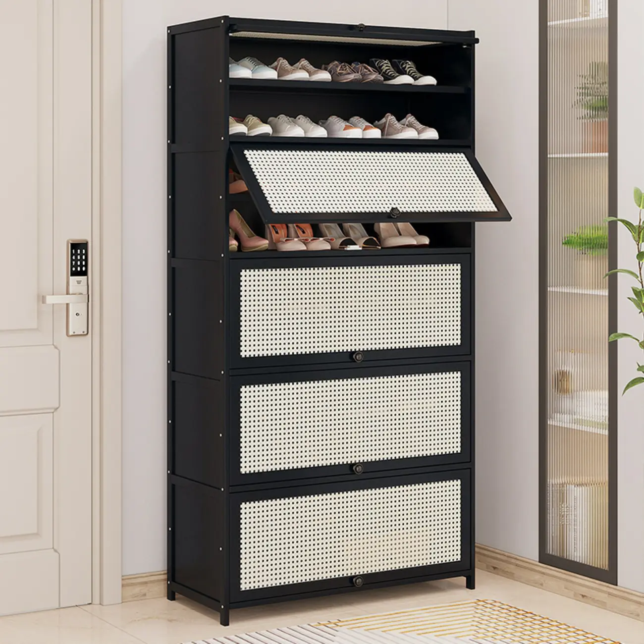 Modern Black Bamboo Shoe Cabinet with Rattan Panels Image - 2 | homeyfad