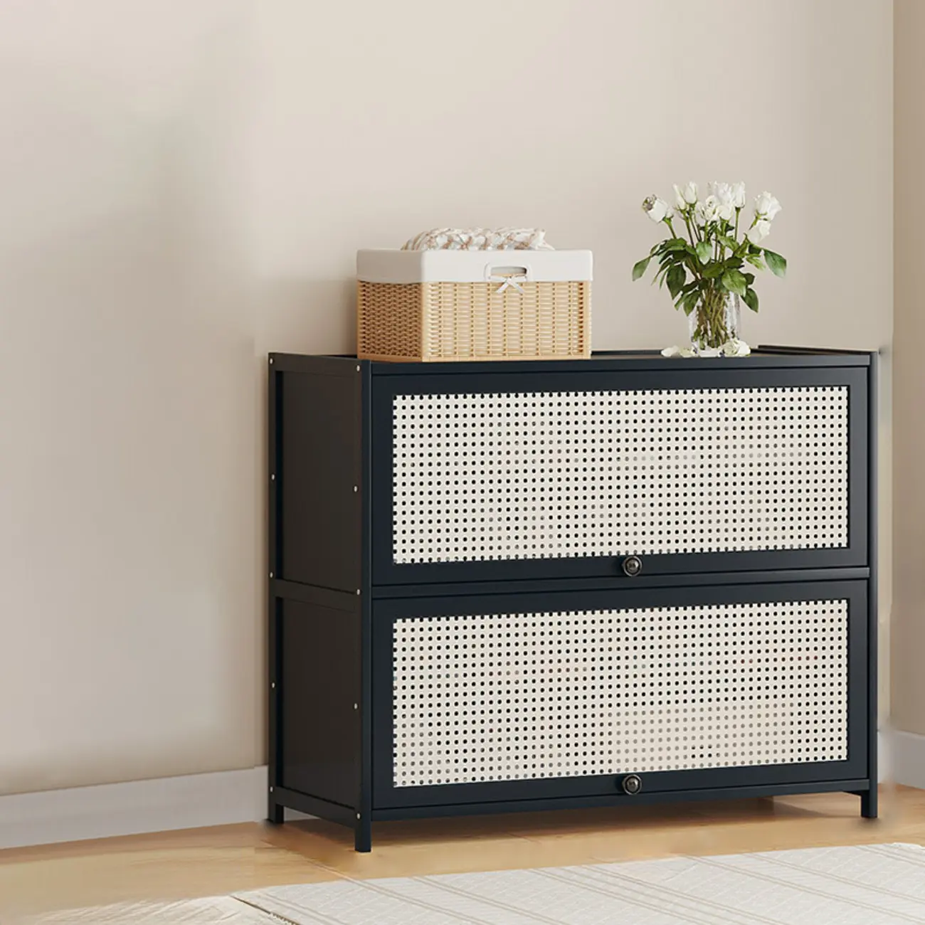 Modern Black Bamboo Shoe Cabinet with Rattan Panels Image - 4 | homeyfad