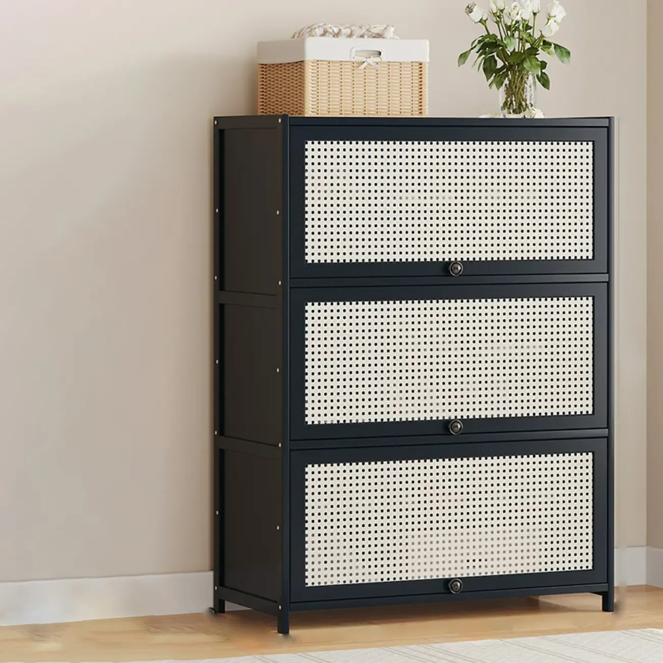 Modern Black Bamboo Shoe Cabinet with Rattan Panels Image - 5