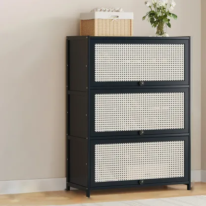 Modern Black Bamboo Shoe Cabinet with Rattan Panels Image - 5