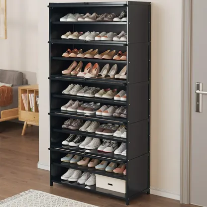 Modern Black Bamboo Shoe Cabinet with Rattan Panels Image - 6