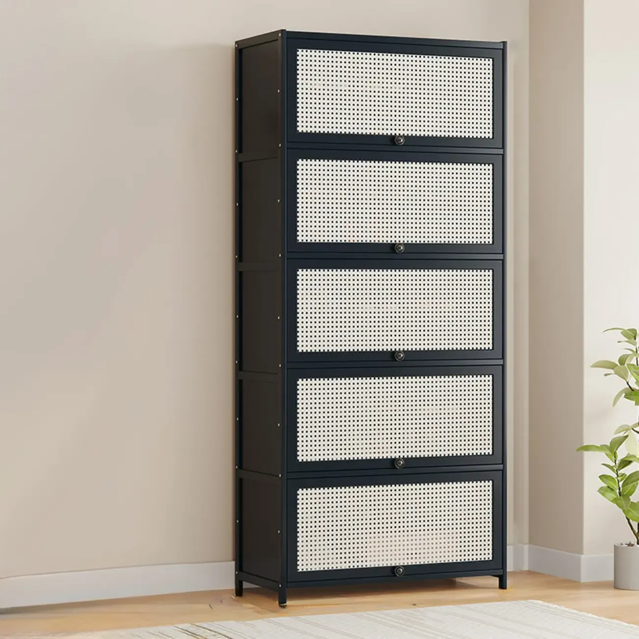 Modern Black Bamboo Shoe Cabinet with Rattan Panels Image - 8