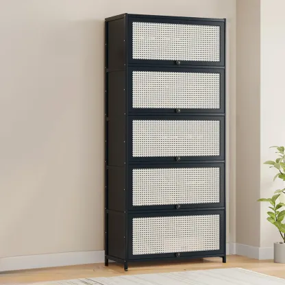Modern Black Bamboo Shoe Cabinet with Rattan Panels Image - 8