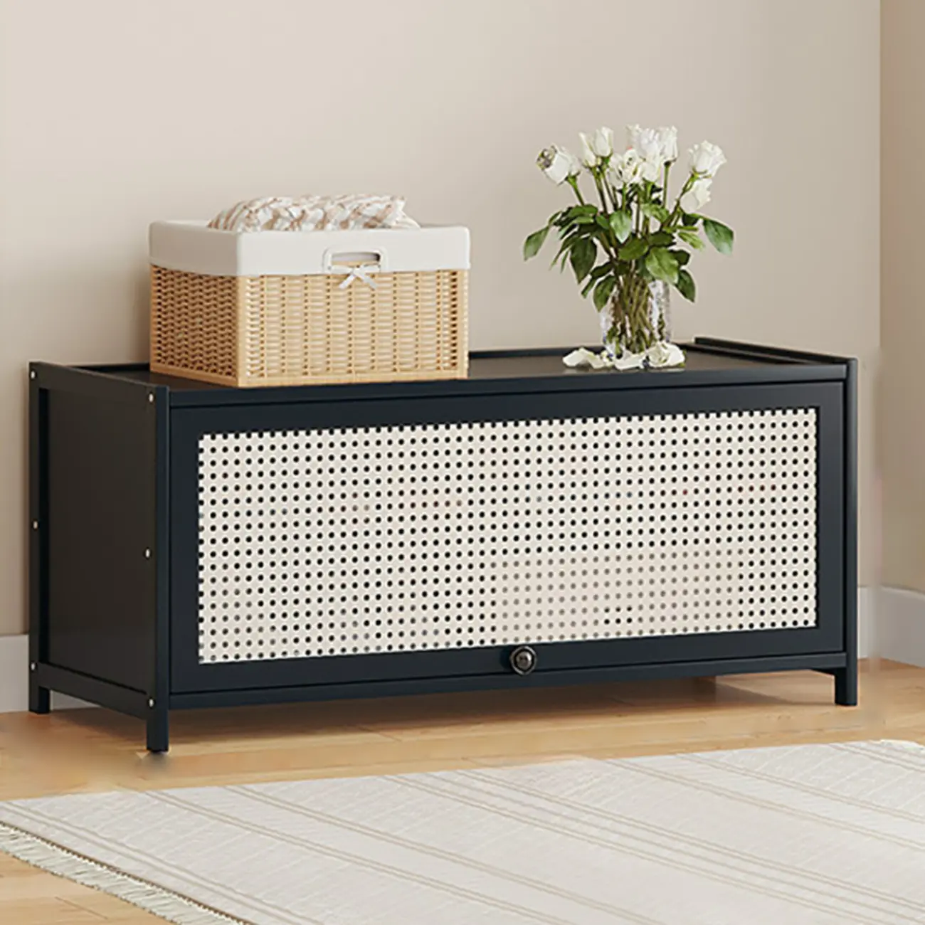 Modern Black Bamboo Shoe Cabinet with Rattan Panels Image - 9 | homeyfad