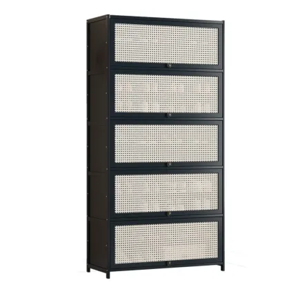 Modern Black Bamboo Shoe Cabinet with Rattan Panels Image - 10