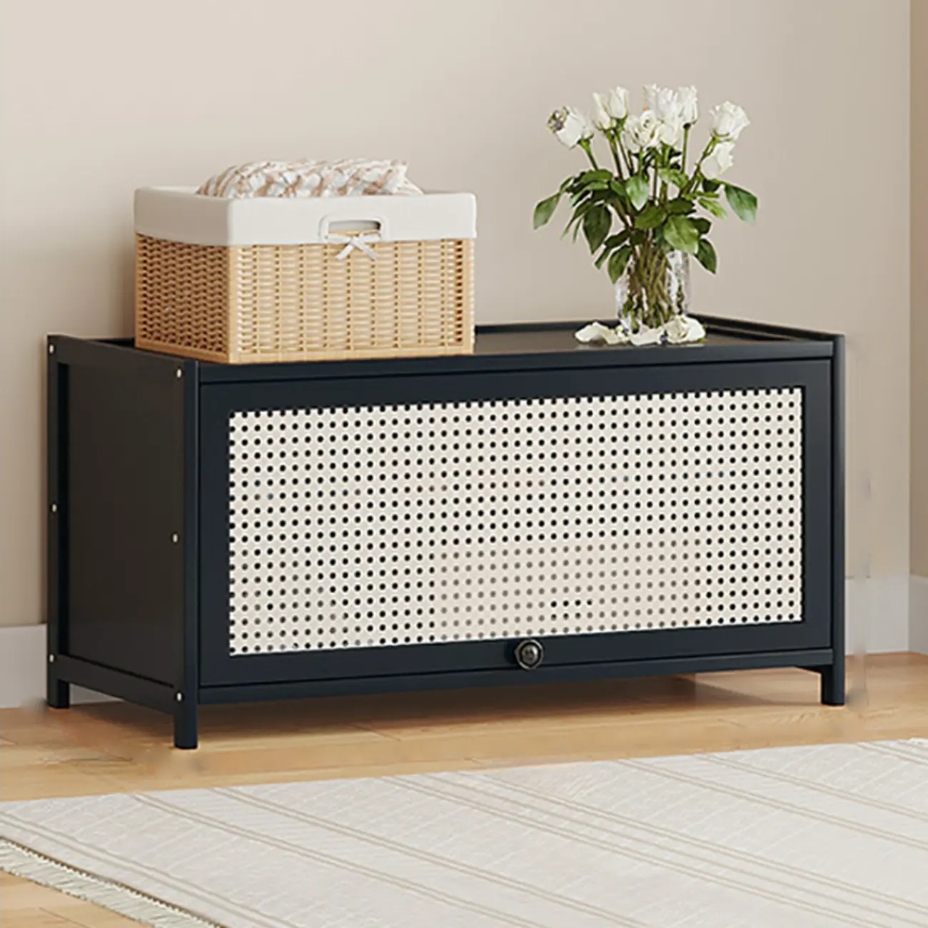 Modern Black Bamboo Shoe Cabinet with Rattan Panels Image - 11 | homeyfad