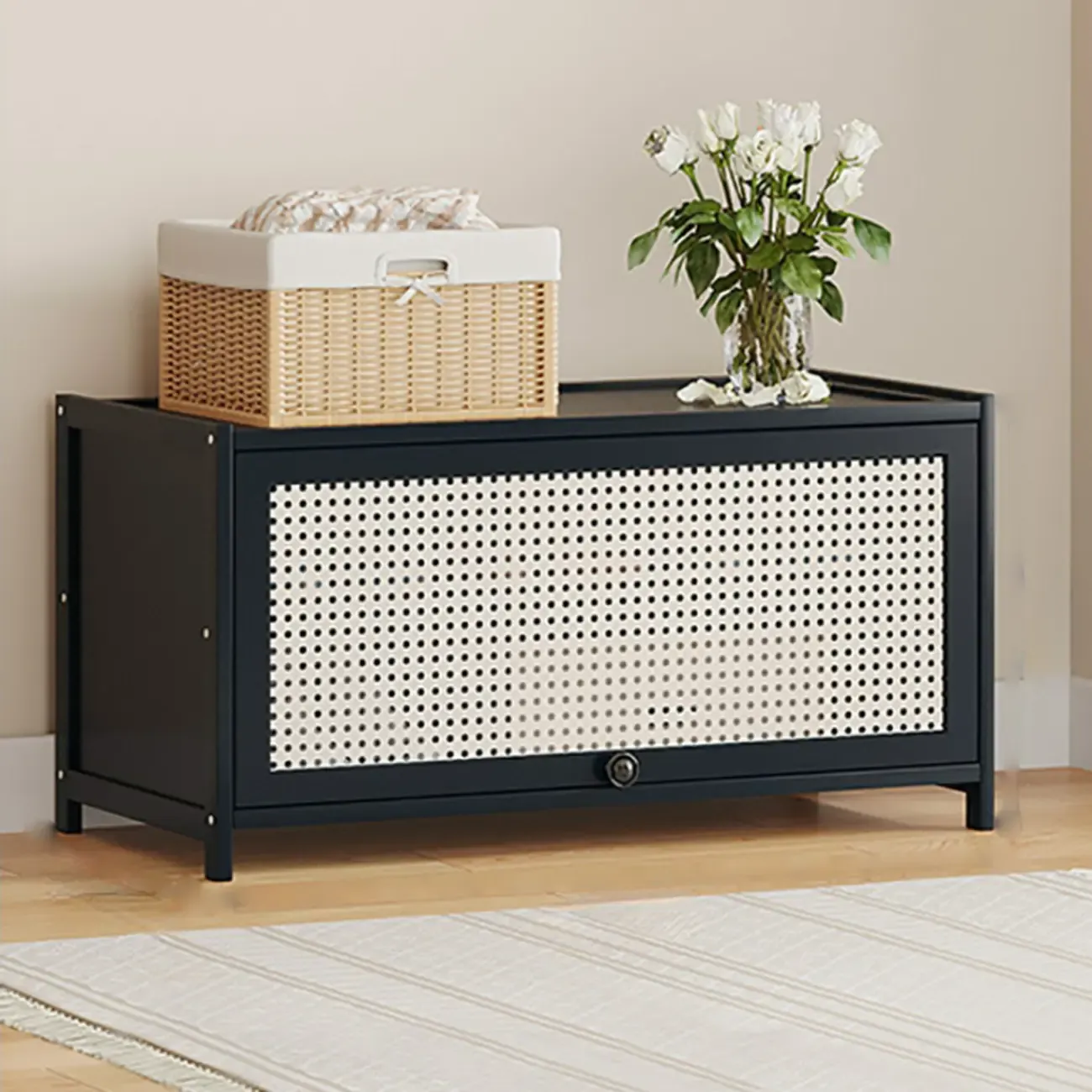 Modern Black Bamboo Shoe Cabinet with Rattan Panels Image - 11