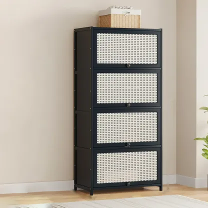 Modern Black Bamboo Shoe Cabinet with Rattan Panels Image - 13