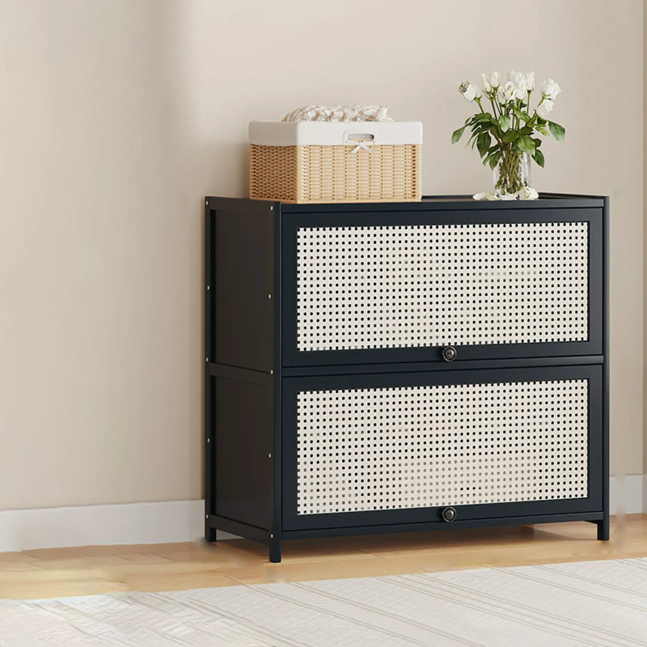 Modern Black Bamboo Shoe Cabinet with Rattan Panels Image - 15 | homeyfad