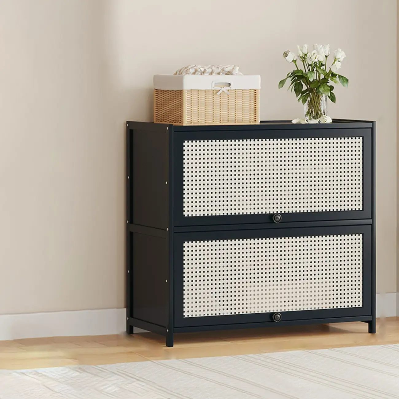 Modern Black Bamboo Shoe Cabinet with Rattan Panels Image - 15