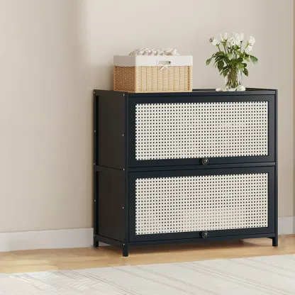 Modern Black Bamboo Shoe Cabinet with Rattan Panels Image - 15