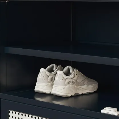 Modern Black Bamboo Shoe Cabinet with Rattan Panels Image - 17