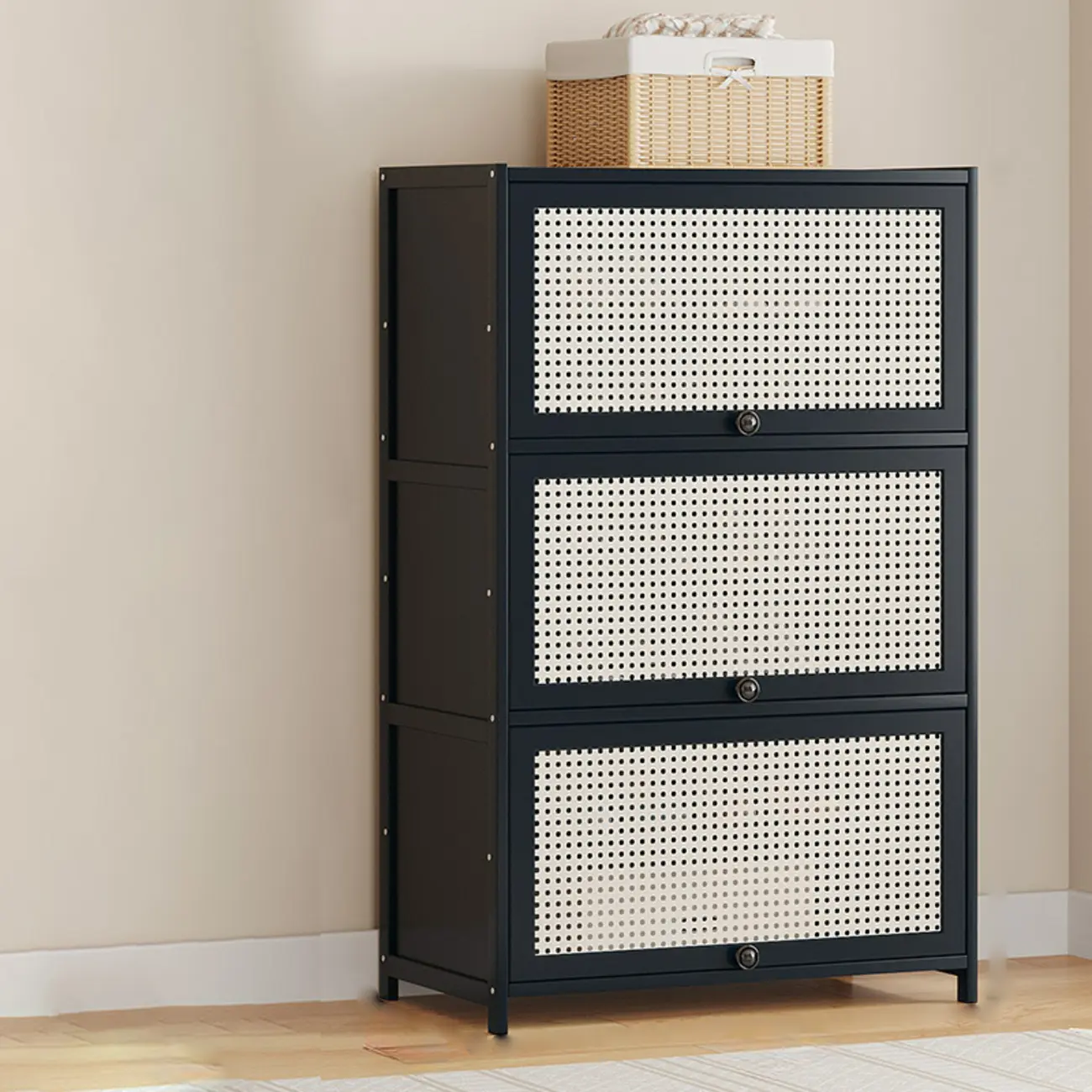 Modern Black Bamboo Shoe Cabinet with Rattan Panels Image - 18 | homeyfad