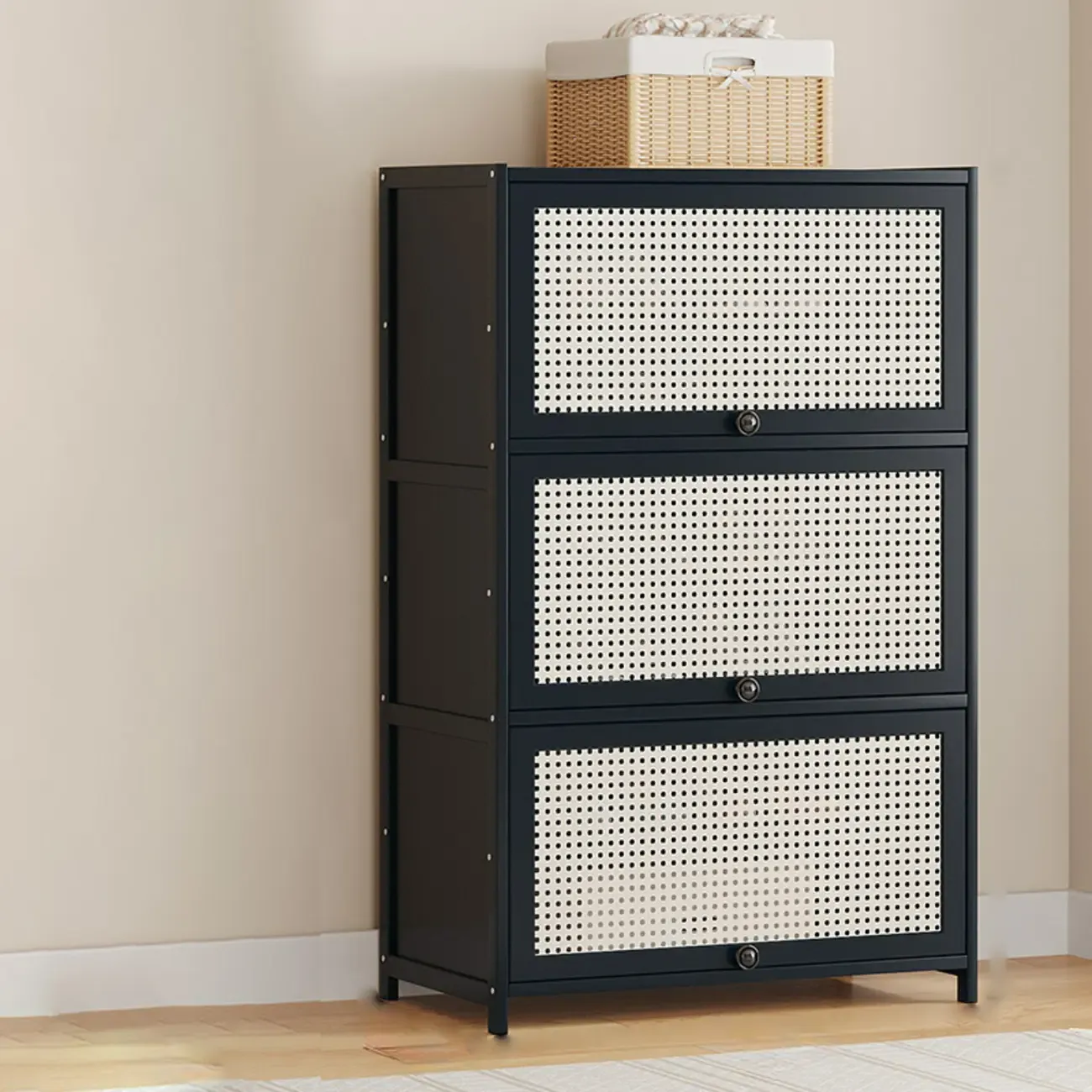 Modern Black Bamboo Shoe Cabinet with Rattan Panels Image - 18