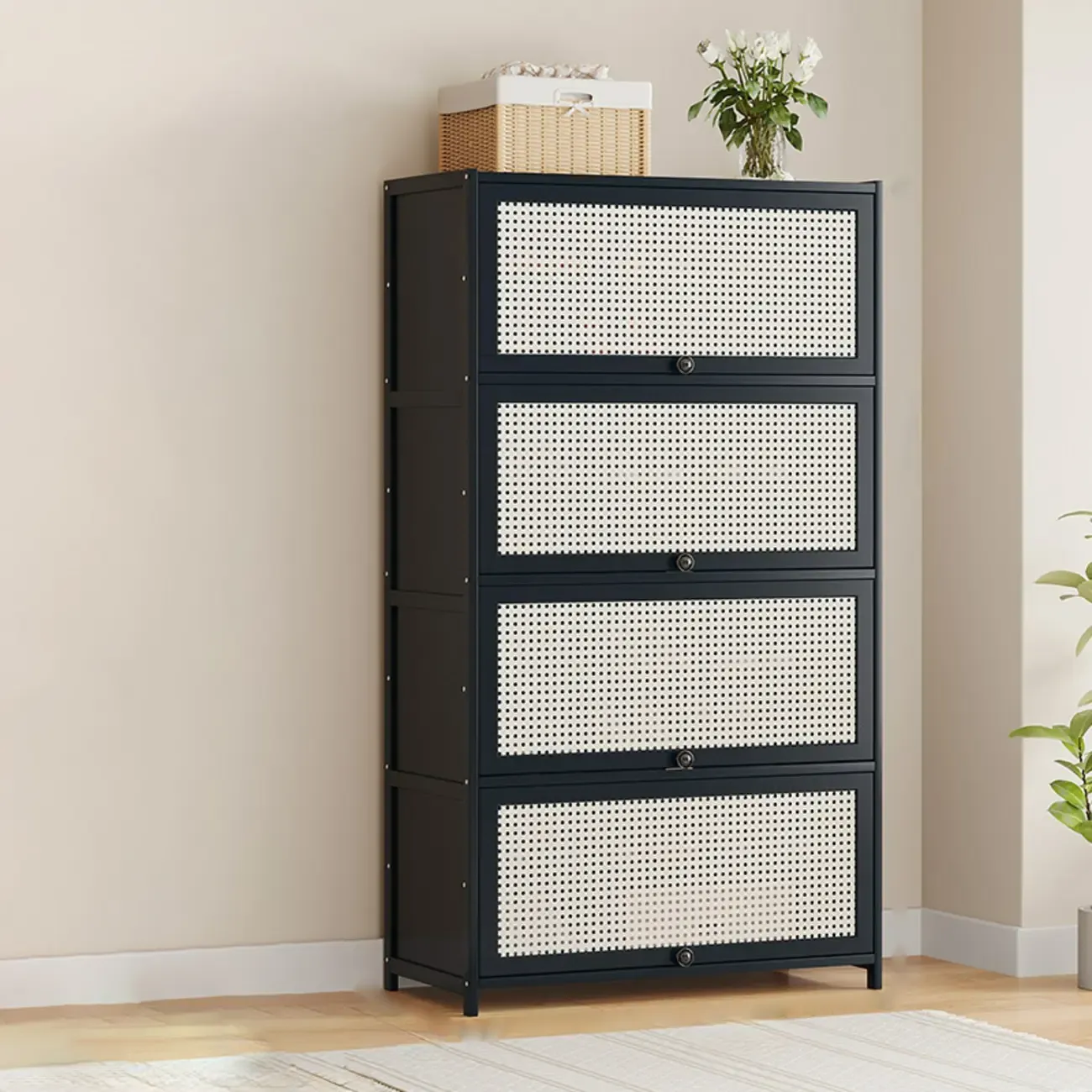Modern Black Bamboo Shoe Cabinet with Rattan Panels Image - 20
