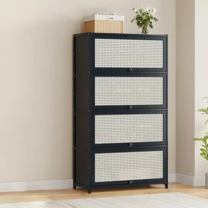 Modern Black Bamboo Shoe Cabinet with Rattan Panels Image - 20