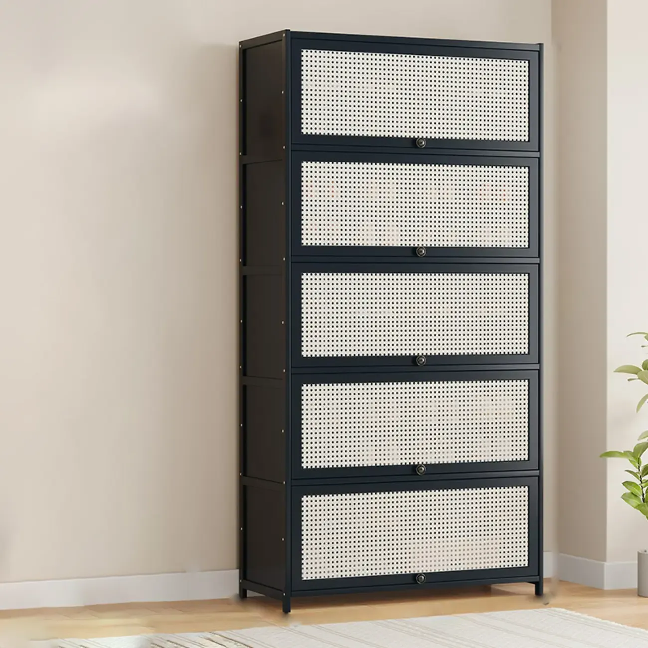 Modern Black Bamboo Shoe Cabinet with Rattan Panels Image - 21