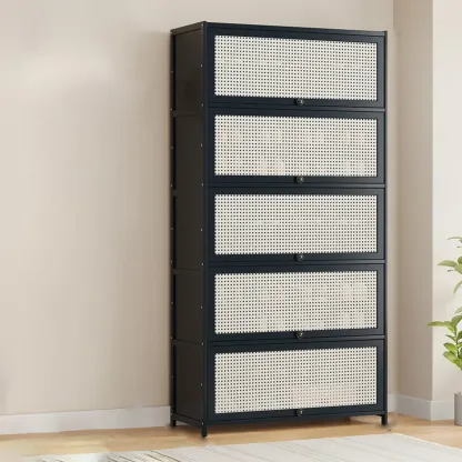 Modern Black Bamboo Shoe Cabinet with Rattan Panels Image - 21