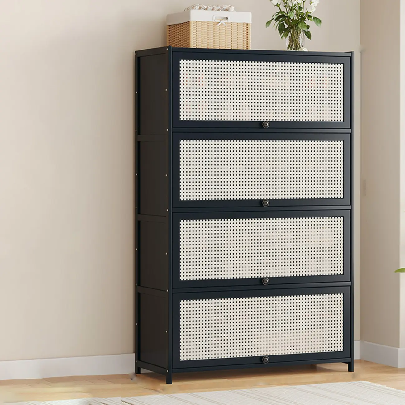 Modern Black Bamboo Shoe Cabinet with Rattan Panels Image - 22 | homeyfad