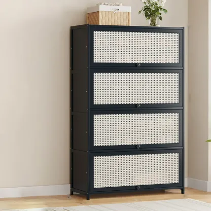 Modern Black Bamboo Shoe Cabinet with Rattan Panels Image - 22