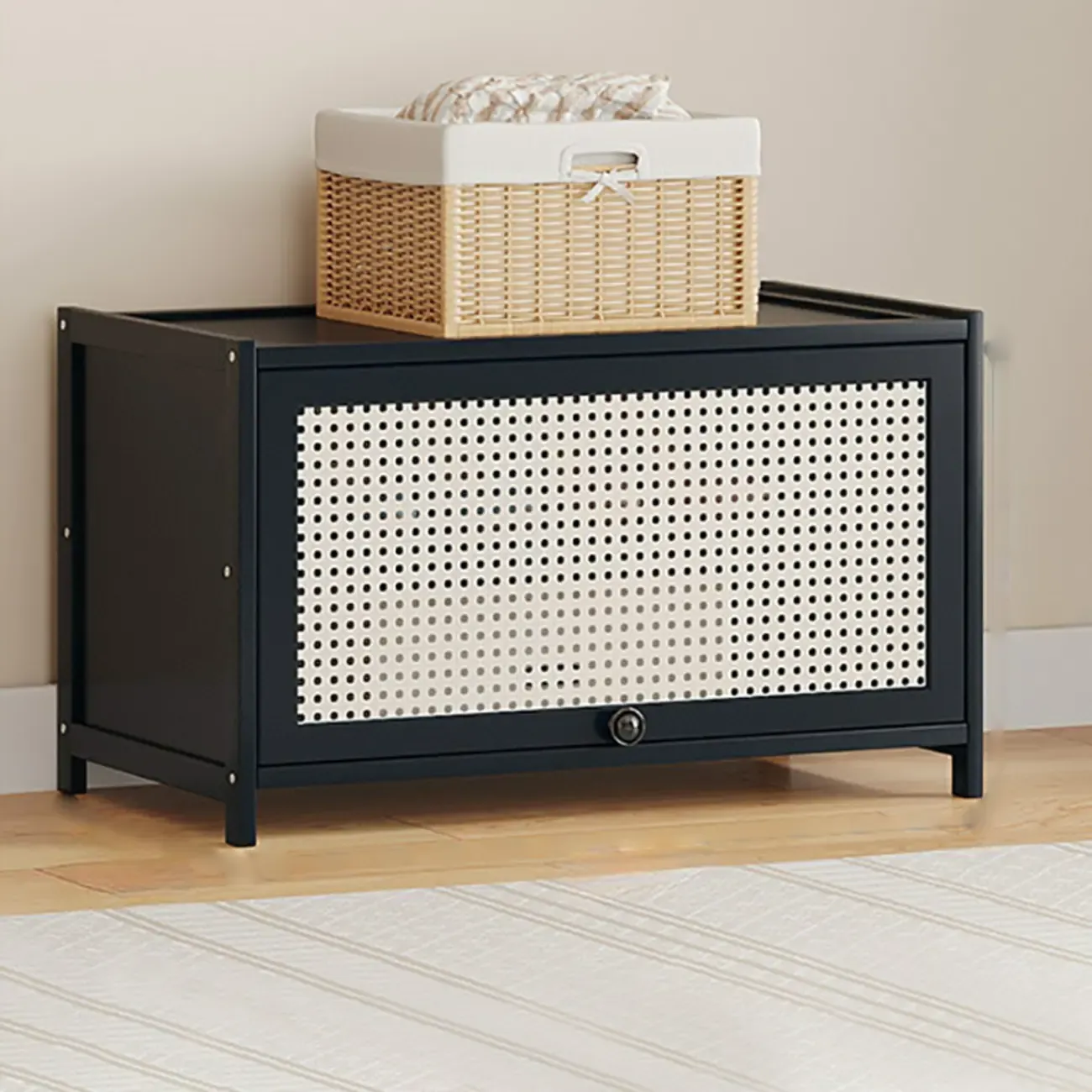 Modern Black Bamboo Shoe Cabinet with Rattan Panels Image - 23