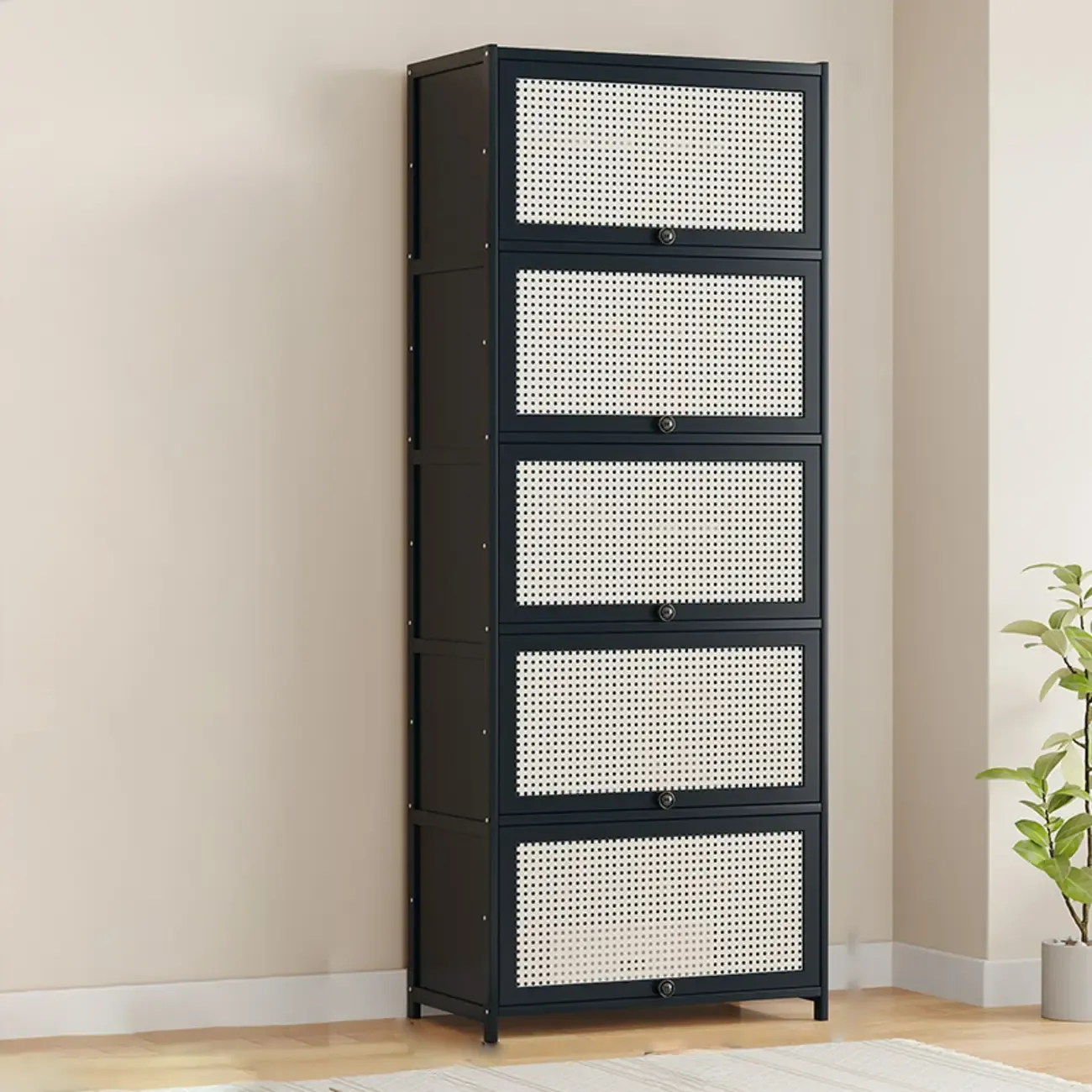 Modern Black Bamboo Shoe Cabinet with Rattan Panels Image - 24