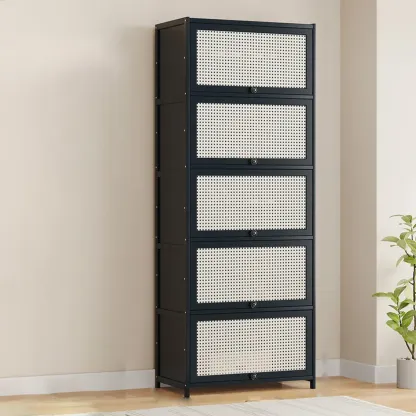 Modern Black Bamboo Shoe Cabinet with Rattan Panels Image - 24