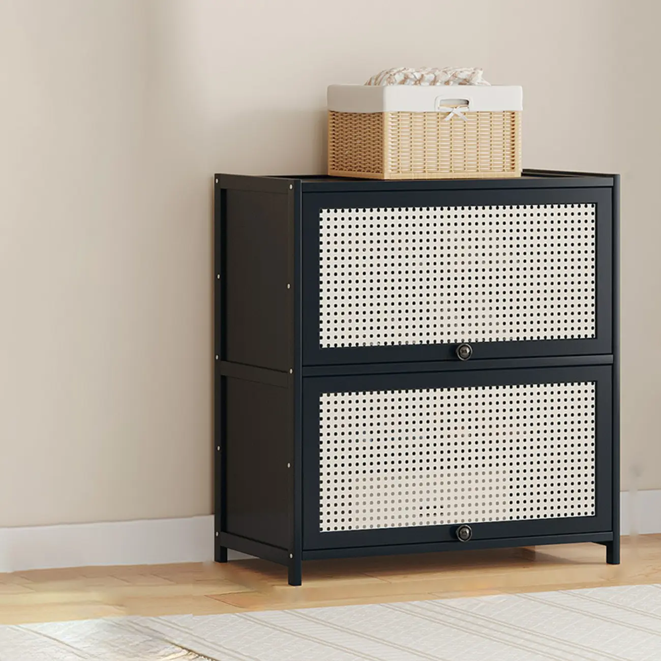 Modern Black Bamboo Shoe Cabinet with Rattan Panels Image - 25 | homeyfad