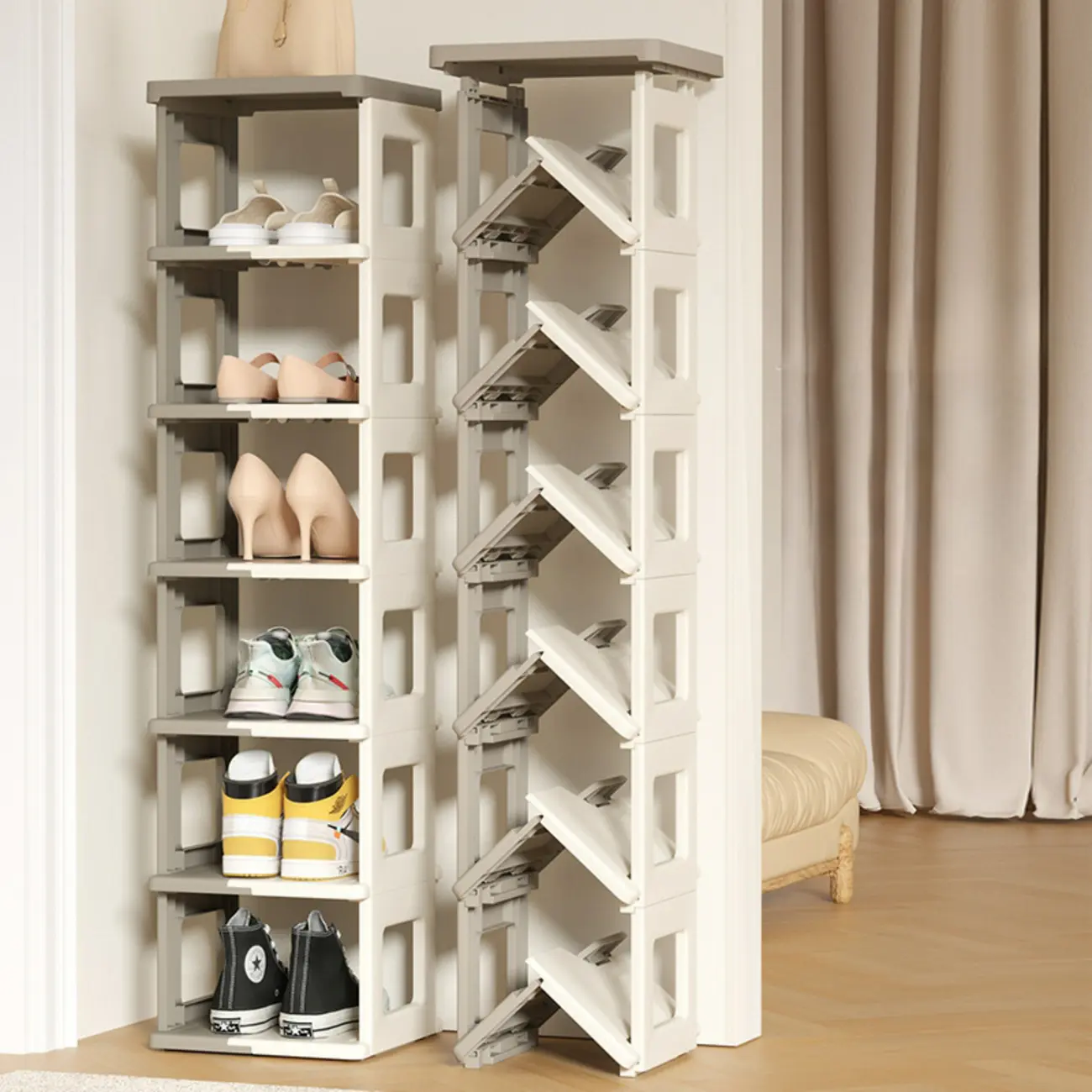Foldable Beige Plastic Shoe Rack for Entryway Image - 1 | homeyfad