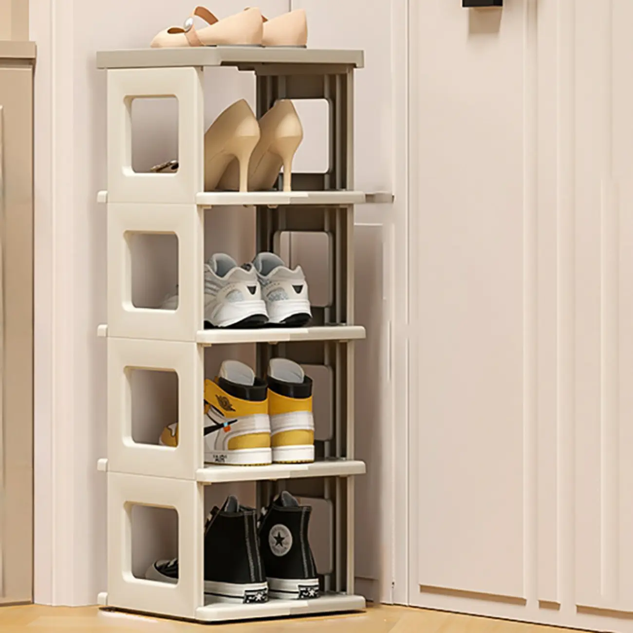 Foldable Beige Plastic Shoe Rack for Entryway Image - 3 | homeyfad