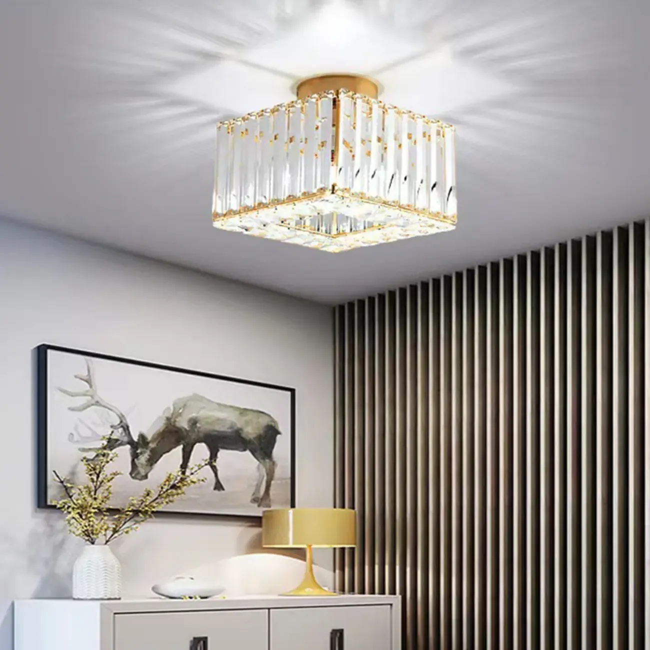 Modern Square Crystal Gold Semi Flush Ceiling Light