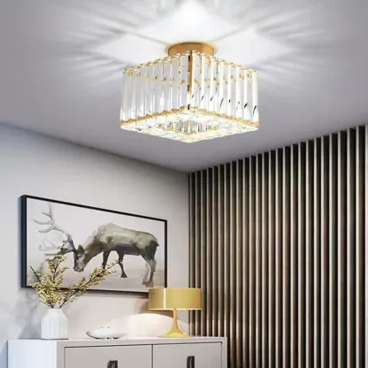 Modern Square Crystal Gold Semi Flush Ceiling Light